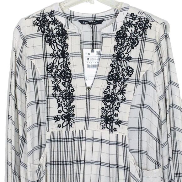 NWT Zara Off White Check Plaid Embroidered Dress Long Sleeve High Neck Pockets M - Picture 6 of 16